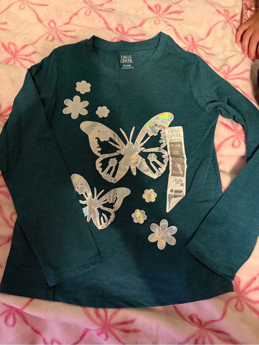 Falls Creek Teal Long-Sleeve Top with Holographic Butterfly Accents
